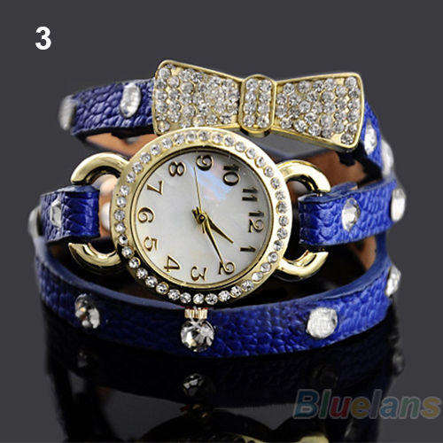 BLUE Vogue Women'S Crystal Bracelet Bow Leather Strap Chain Quartz Wrist Watch