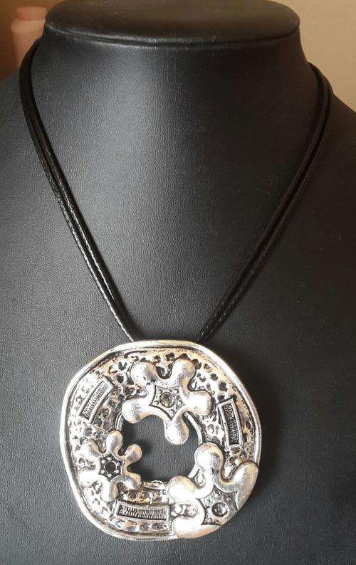 Large Round Tibetan Silver Pendant Waxcord Necklace