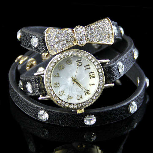 BLACK  Vogue Women's Crystal Bracelet Bow Leather Strap Chain Quartz Wrist Watch