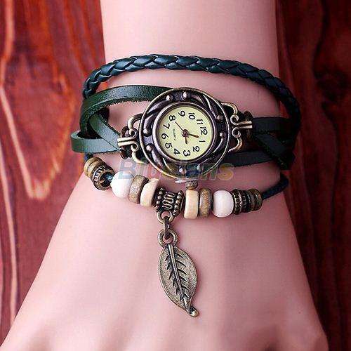 BLACK  Women Leather Band  Quartz Leaf Charm Bracelet  Watch (Read description)