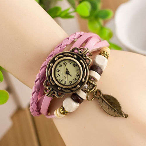 LIGHT PINK  Women Leather Band  Quartz Leaf Charm Bracelet  Watch (Read description)