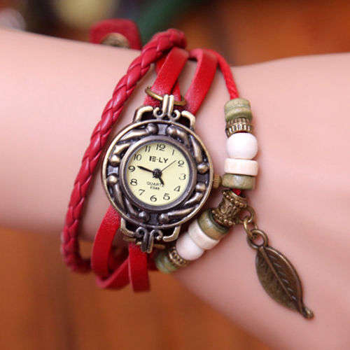 RED  Women Leather Band  Quartz Leaf Charm Bracelet  Watch (Read description)