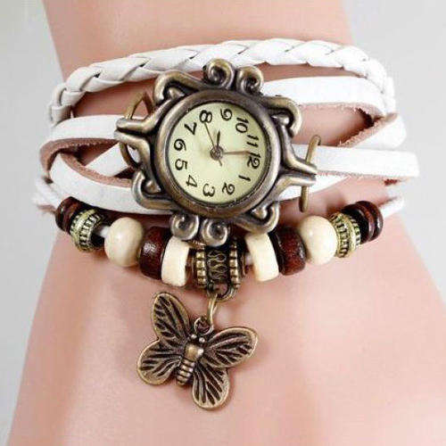 WHITE  Women Leather Band  Quartz Butterfly Charm Bracelet  Watch (Read description)