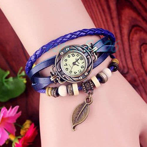 PURPLE  Women Leather Band  Quartz Leaf Charm Bracelet  Watch (Read description)