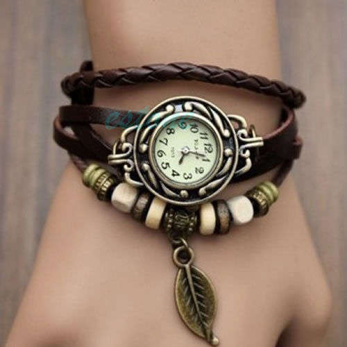 BROWN  Women Leather Band  Quartz Leaf Charm Bracelet  Watch (Read description)
