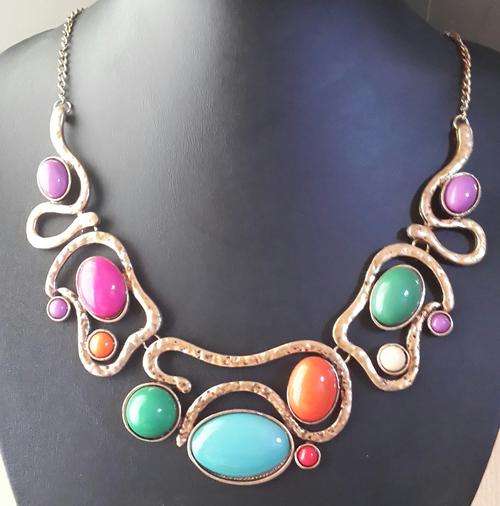 Gold Tone Multi-Color Resin Gemstone Necklace