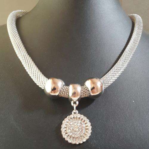 Silver Crystal Pendant Mesh Necklace (Free Gift Box)
