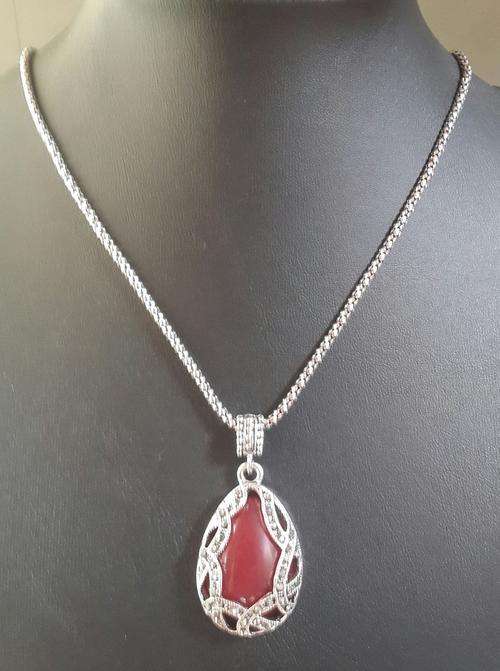 Tibetan Silver  Resin Garnet  Marquisite Pendant Necklace