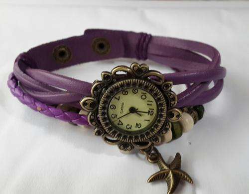 High Quality GENUINE Purple Leather Vintage Bracelet  Seastar Pendant Wristwatch