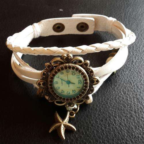 High Quality GENUINE WHITE Leather Vintage Bracelet  Seastar Pendant Wristwatch