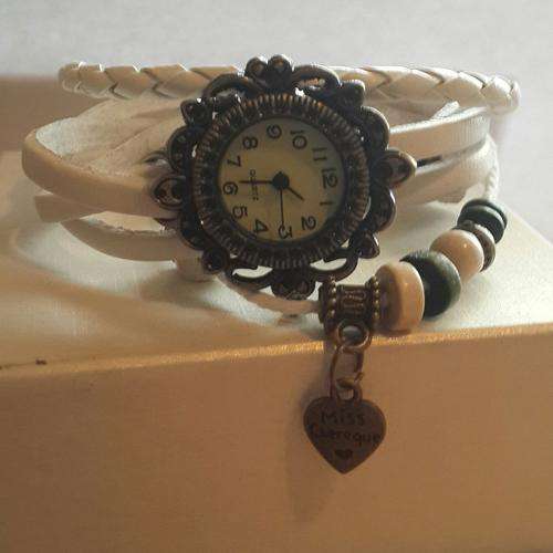 WHITE High Quality Genuine Leather Vintage Bracelet   HEART Pendant Wristwatch