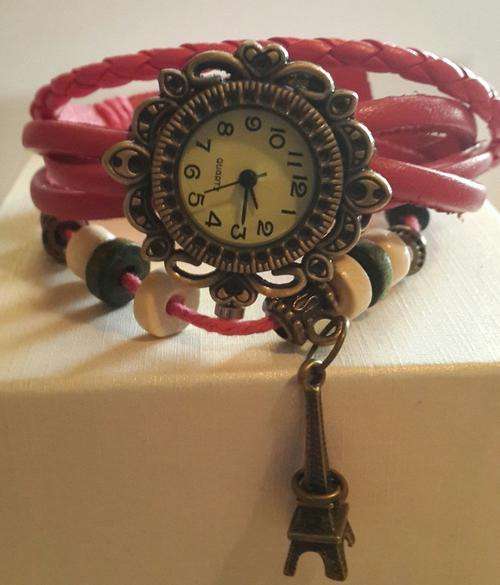 ROYAL BLUE High Quality Genuine Leather Vintage Bracelet  Eiffel Tower Pendant Wristwatch