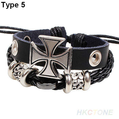 Multilayer Leather Chain Beaded Wraps Charms Bracelet Cuff Bracelet (CROSS)