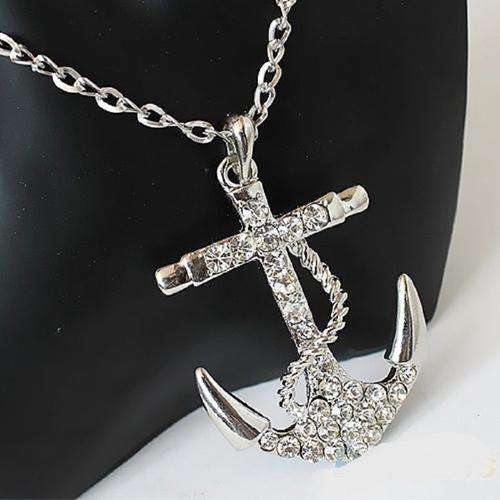 SILVER RHINESTONE ANCHOR PENDANT NECKLACE