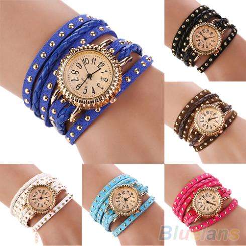 Fashion Women Rhinestone Round Crystal Decorated Bangle Cuff Analog Quartz Bracelet  (Free Gift Box)