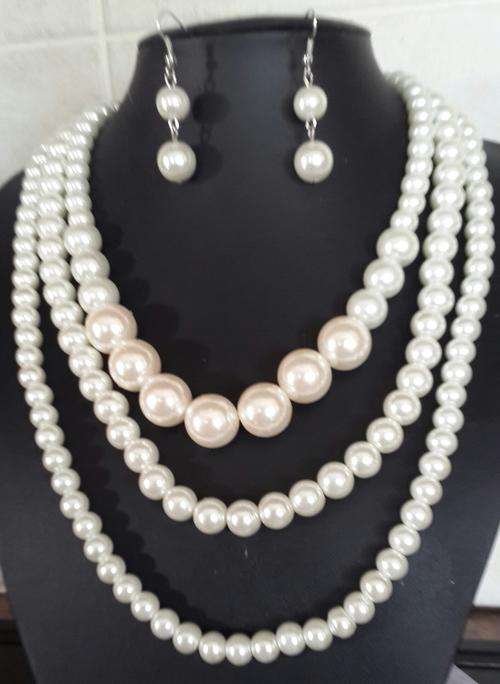 Cream Faux Pearls 3 string Necklace & Earrings Set (Plus Free Gift Box)