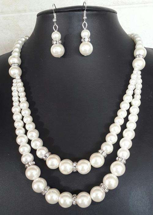 Cream  Faux  Double string Pearls Necklace & Earrings Set