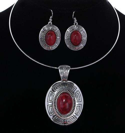 Gorgeous Tibet Silver Oval Resin Stone Pendant Choker Necklace & Earrings Set