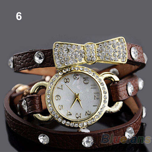 BROWN  Vogue Women's Crystal Bracelet Bow Leather Strap Chain Quartz Wrist Watch
