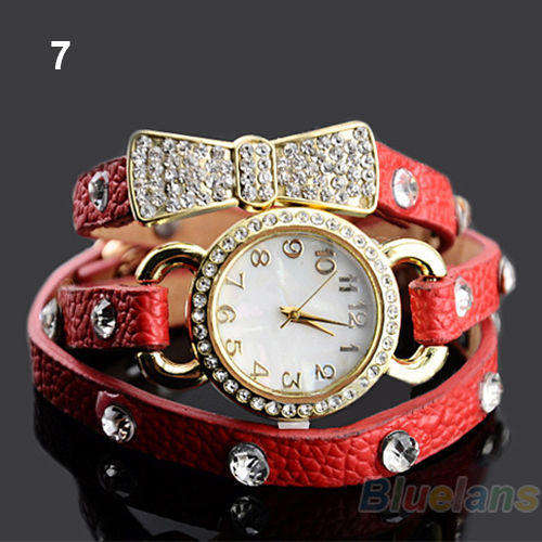 Women's RED Crystal Bracelet Bow Leather Strap Chain Quartz Wrist Watch