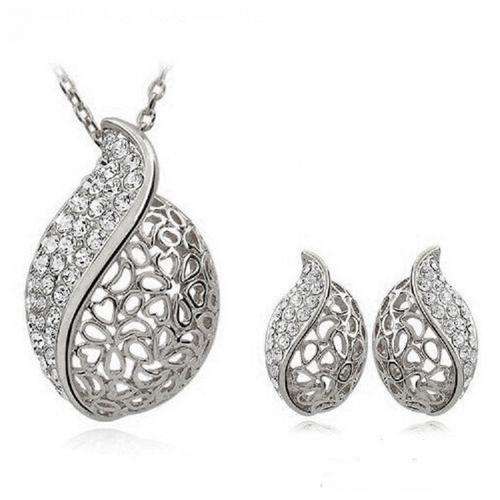 Hot Lover Hollow Leaf Silver Plated Rhinestone Necklace Earrings Jewelry Set