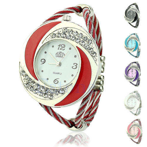 Womens SILVER Round Crystal Decor Bangle Cuff Analog Quartz Bracelet Watch (Available in 5 colors)