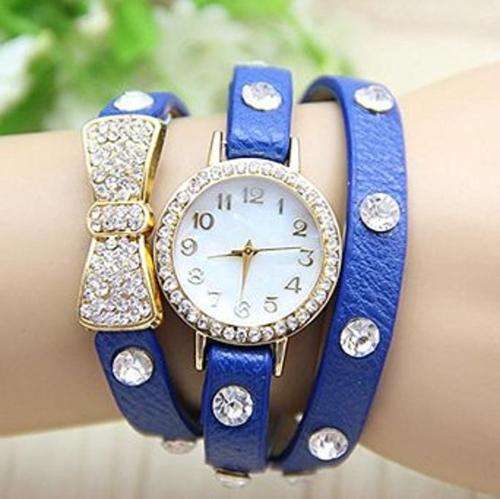 Women's BLUE Crystal Bracelet Bow Leather Strap Chain Quartz Wrist Watch