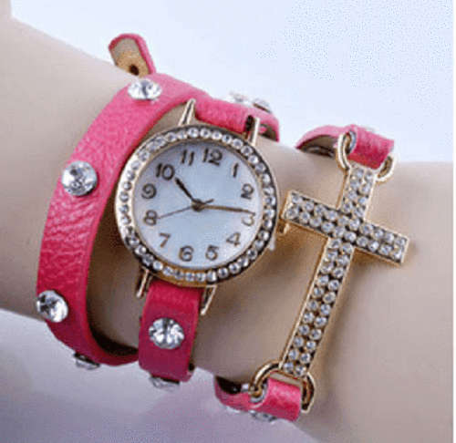 PINK Women Girl CROSS Cz Dial Wrap Around Leather Bracelet Wrist Watch