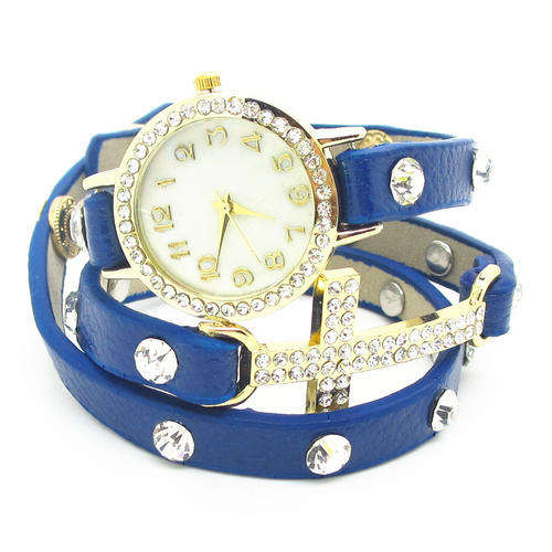 BLUE  Women Girl CROSS Cz Dial Wrap Around Leather Bracelet Wrist Watch