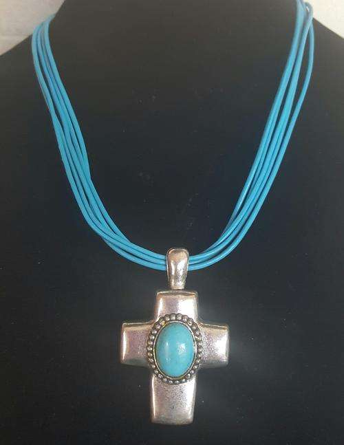 Blue Waxcord  Cross Pendant Necklace