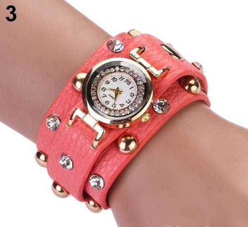 PEACH  Punk  Crystal Studs Wrap Faux Leather Bracelet Wrist Watch