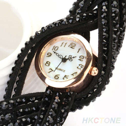 BLACK Lady Stylish Crystal Knitted Leather Bracelet Quarts  Cuff  Watch