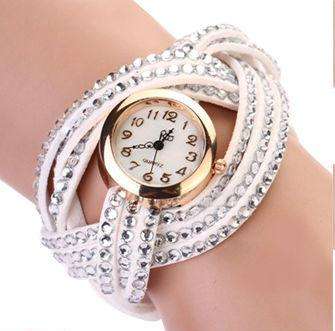 WHITE Lady Stylish Crystal Knitted Leather Bracelet Quarts  Cuff  Watch