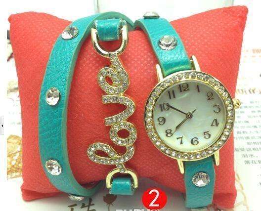 Turquoise Fashion Women Girl LOVE  Cz Dial Wrap Around Leather Bracelet Wrist Watch
