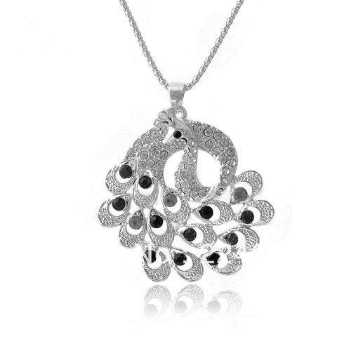 Silver CLEAR WHITE Rhinestones Peacock Pendant & Popcorn Chain Necklace