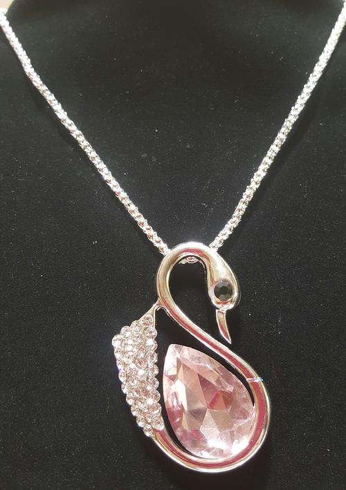 SilverTone Crystal Pink Swan Sweater Pendant Necklace