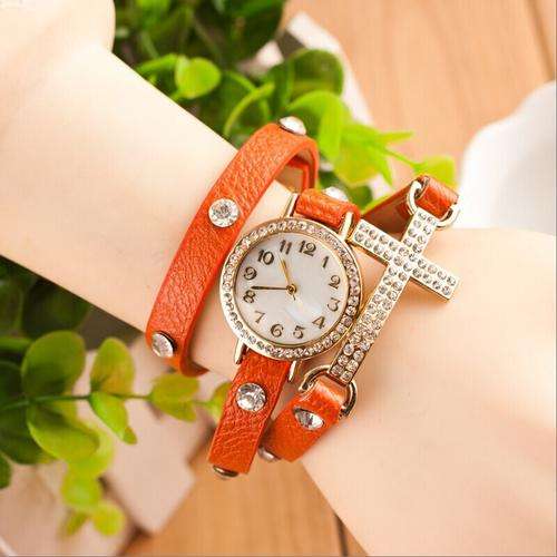 ORANGE Women Girl CROSS Cz Dial Wrap Around Leather Bracelet Wrist Watch