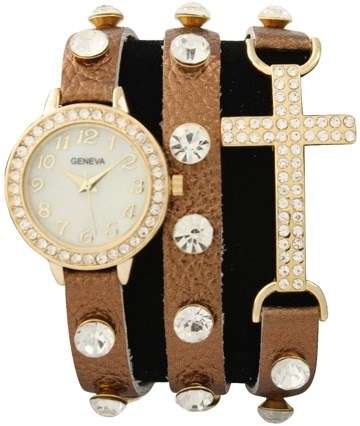 BROWN Women Girl CROSS Cz Dial Wrap Around Leather Bracelet Wrist Watch