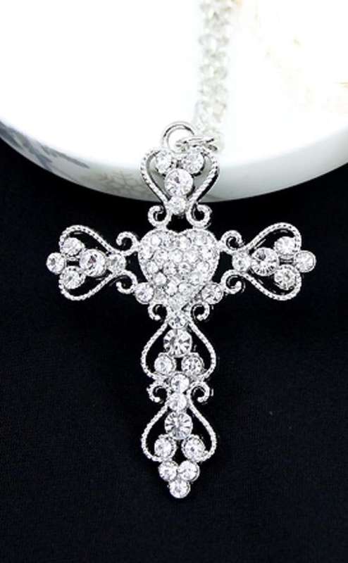 Stunning Long Chain  Rhinestones Cross Pendant Necklace