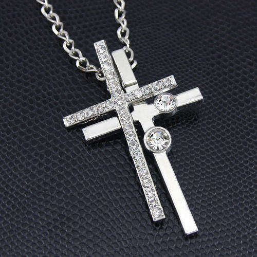 Stunning Long Chain  Double Cross Pendant Necklace