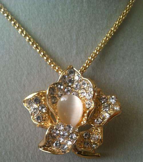 Gold Plated  Orchid Flower Crystal & Opal Sweater Pendant Necklace