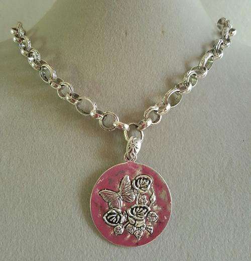 Round Rose Silver (not pink)  Pendant &  Chain Necklace