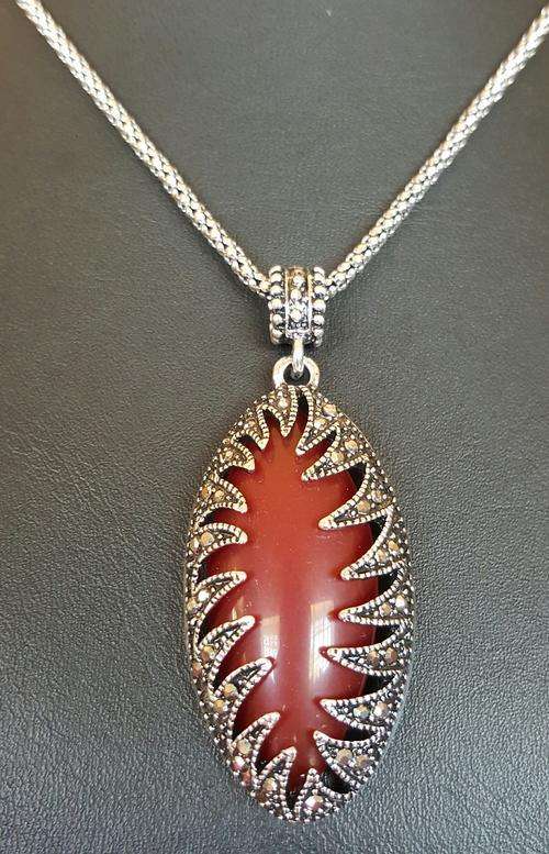Retro RED Marcuisite & Resin Gemstone Marquise Pendant Necklace