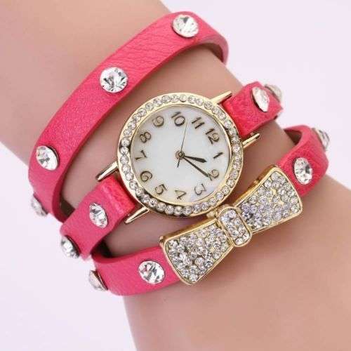 Women's PINK Crystal Bracelet Bow Leather Strap Chain Quartz Wrist Watch