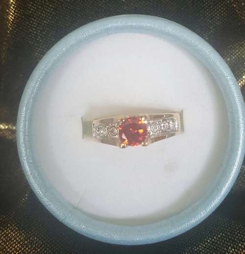 LAB CREATED RUBY & WHITE TOPAZ YELLOW GOLD FILLED RING   # 8