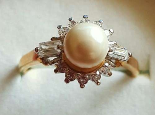 PEARL & WHITE TOPAZ  YELLOW GOLD FILLED  RING   #  10.25