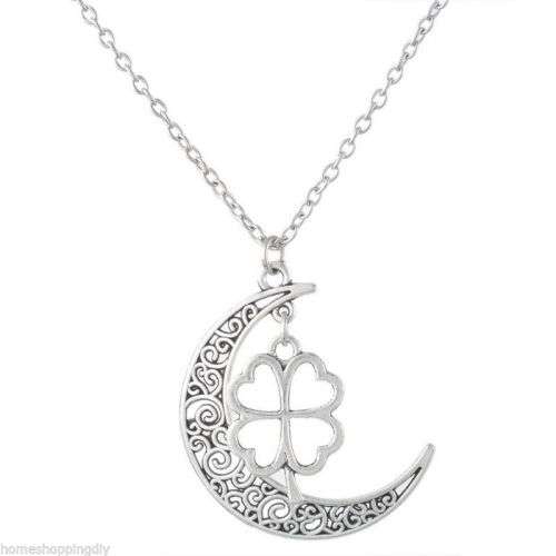 925 Sterling Silver  Filled Moon And Clover Pendant Necklace