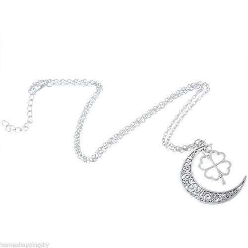925 Sterling Silver  Filled Moon And Clover Pendant Necklace