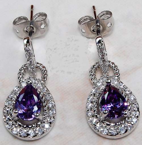 2CT Amethyst & White Topaz 925 Solid Genuine Sterling Silver Earrings