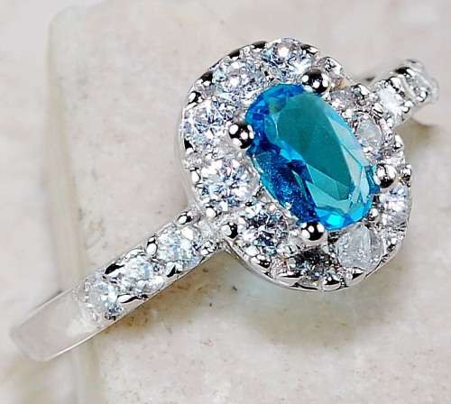 Aquamarine & White Topaz 925 Solid Genuine Sterling Silver Ring Sz 7